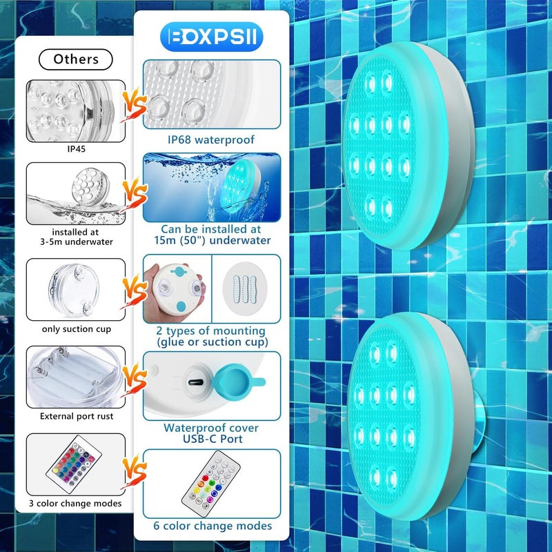 BOXPSII Pool Lights, Rechargeable Submersible LED Lights, IP68 Waterproof Floating Lights with Remote, 16 Color Changing Underwater Lights with Magnet, Suction Cups for Pool, Bath, Hot Tub (8 Pack) - Image 5